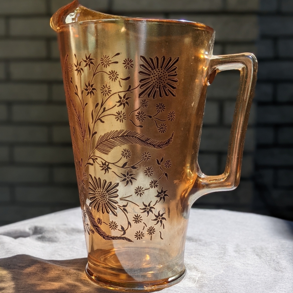 Jeanette Glass Co Marigold Copper Carnival Black Etched Floral Water Pitcher